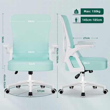 Ергономічне крісло для офісу, офісне крісло з відкидними підлокітниками, регульована поперекова підтримка, регульоване крісло для начальника, поворотне крісло, сітчасте крісло з функцією гойдання до 125° (Блакитно-зелене, без підголівника)
