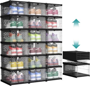 SONGMICS Shoe Cabinet Set, with 18 Shoe Boxes, Integrated Shoe Organizer, Foldable, Portable, for Shoes up to Size 46, 1-Minute Assembly, Transparent-Cloud White LSP207W01 (Transparent + Ink Black, 3)