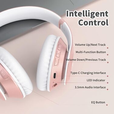 Бездротові навушники Uliptz Over-Ear Bluetooth з 65 годинами роботи, 6 EQ-режимів, HiFi стерео, складні, для подорожей/офісу/телефону/ПК (Рожеве золото)