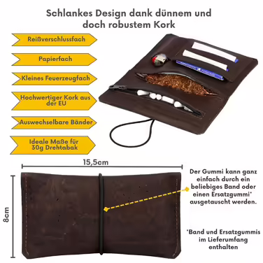 Durable Cork Corkscrew Pouch Sustainable & Vegan Cigarette Case/Tobacco Pouch with Replaceable Closure and Practical Extra Pockets - Water-Repellent and Robust
