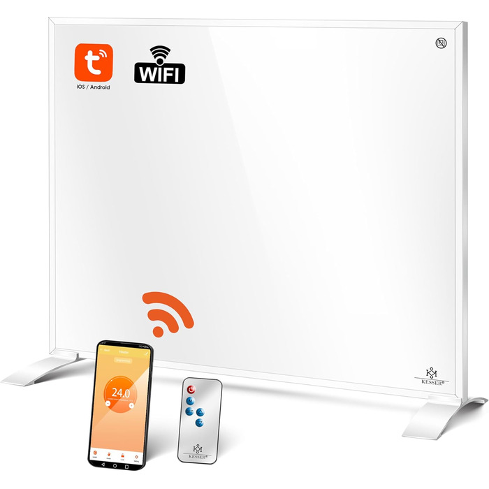 Інфранічний обігрівач KESSER® 350W: енергозберігаючий, з пультом, термостатом та керуванням через додаток. Можливість встановлення на підлогу або на стіну. Білий конвекторний нагрівач.