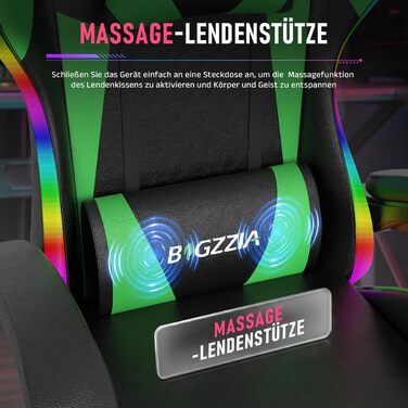 Геймерське крісло Bigzzia з масажем та підставкою для ніг, зелене з LED підсвіткою. Ергономічне регульоване крісло для геймерів з масажним поясничним валіком та підголовником.