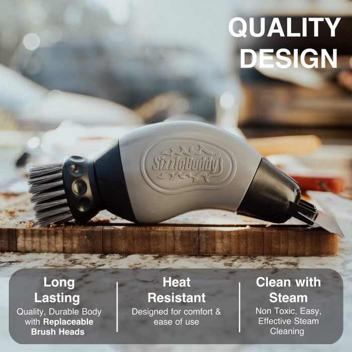 Sizzle Buddy Grill Brush with Scraper – Stainless Steel Grill Cleaning Brush – Safe, Durable, Heat-Resistant Bristles – Easily Removes Grease and Food – No Scratch Cleaning