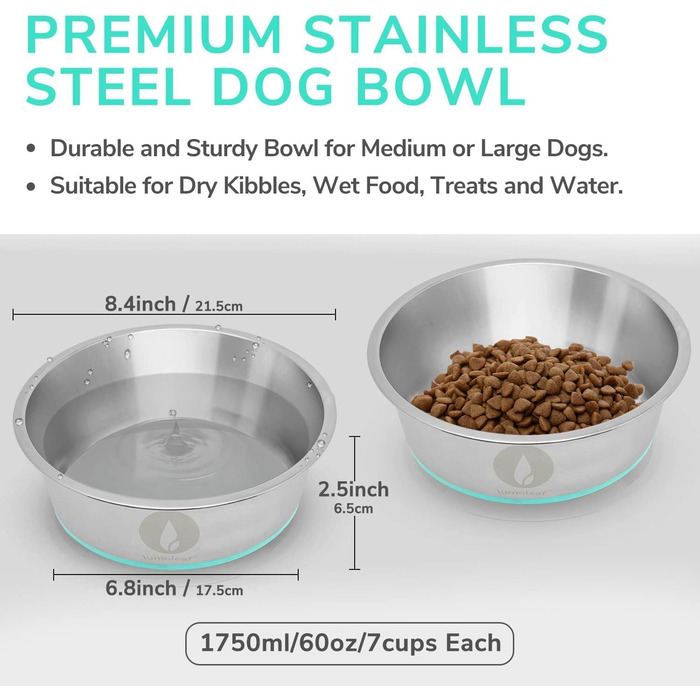 Набір мисок для собак LumoLeaf, нержавіюча сталь, великі, 2 x 3000 мл, з протиковзким силіконовим дном, для великих і середніх собак, миска для їжі та води, придатна для миття в посудомийній машині (подвійний набір)