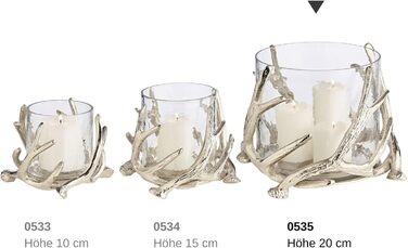 EDZARD Hurricane Candle Holder Kingston, Deer Antler Design, Silver, Nickel-Plated Aluminum, with Glass, Height 13 cm, Diameter 15 cm (Height 20 cm, Diameter 25 cm)