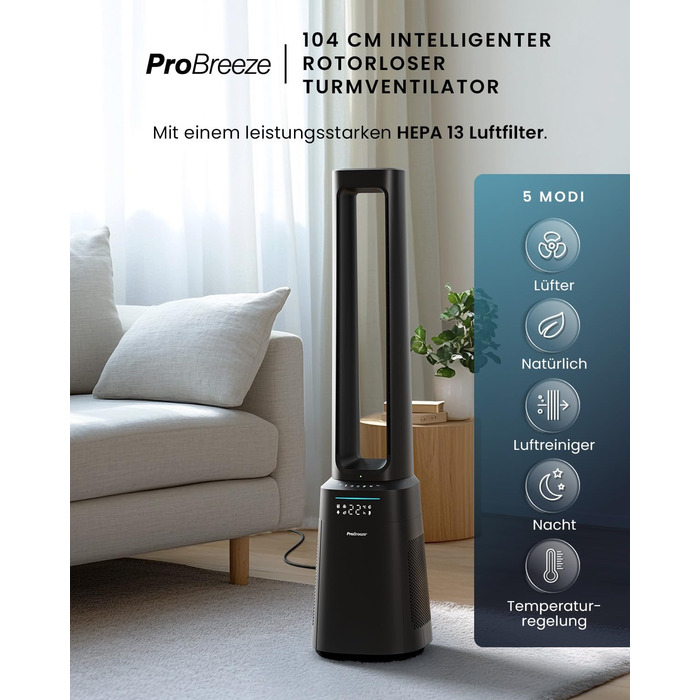 Вентилятор Pro Breeze OmniAir з очищувачем повітря, 105 см, осциляція 75°, пульт ДУ, HEPA 13 фільтр, LED дисплей, 10 швидкостей, тихий, 5 режимів, Smart App, чорний