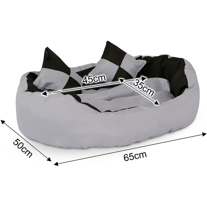 Ліжко для собак та котів Lionto 4-в-1 з воротком, 65x50 см, водовідштовхувальне, сіре/чорне, з декоративною подушкою