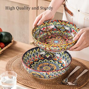 Набір тарілок Henten Home Mylo (2 шт.): супові та глибокі, 1500 мл. Тарілки для супу, пасти, салату в богемному стилі Boho, рожево-червоні відтінки