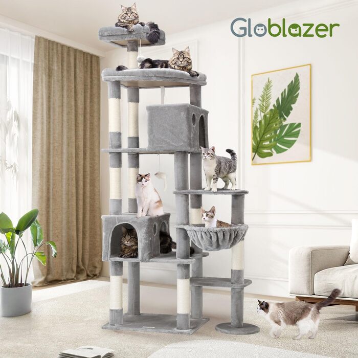 Драбина-будинок для котів Globlazer XXL (213 см), сірий, з 2 будиночками, великою платформою, м'якими стійками, кошиком, для великих котів (Maine Coon)