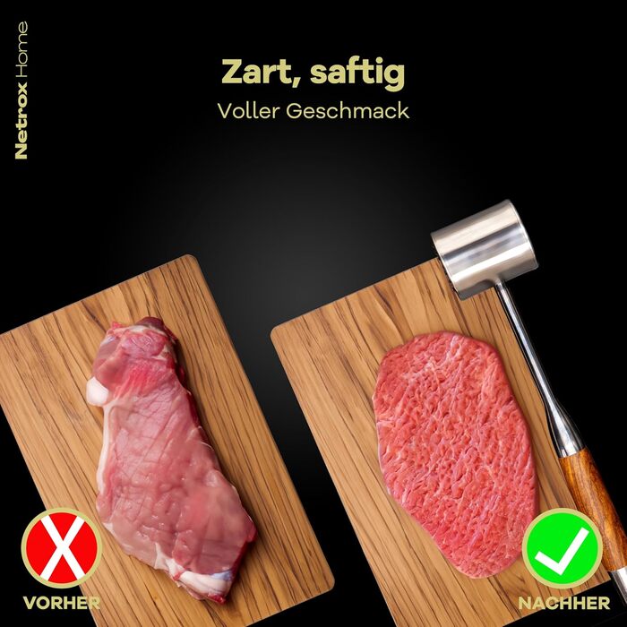 Нітрокс Fleischklopfer з нержавіючої сталі з дерев'яною ручкою - преміум-якість, для приготування шніцелів, миття в посудомийній машині, безпечний для продуктів харчування - молоток для м'яса, ніжний м'ясорубка, молоток для м'яса з нержавіючої сталі, прис