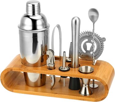 High-quality cocktail shaker set, cocktail mixing set, 10-piece, made of stainless steel, with bamboo storage, including cocktail shaker, jigger, strainer, muddler, bar spoon, ice tongs, bottle opener, and measuring tool.