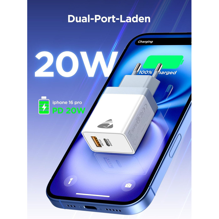 Подвійний зарядний пристрій USB-C 20W PD 3.0 з кабелем 2м, білий (2 шт.)