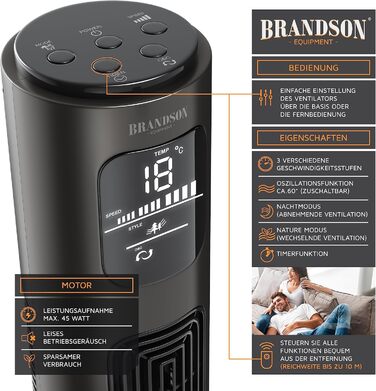 Вентилятор Tower Brandson з пультом дистанційного керування, 96 см, 3 швидкості, графітовий (Aschgrau) - нагорода 2026