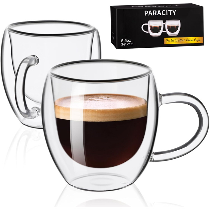 Набір чашок для еспресо ParaCity (2 шт.), 180 мл, з подвійним ізоляцією, для капучино/лате/кави/чаю, з ручкою, прозорі, для подорожей та кемпінгу