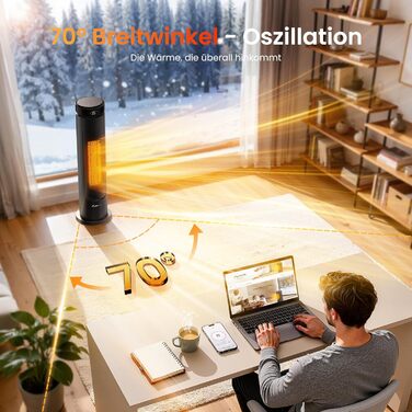 Електричний обігрівач PTC 2000W з керамічним нагрівачем, тихий, з термостатом та пультом керування, ECO режим, 70° осциляція, таймер 12h, захист від перегріву та перекидання, чорний, 1 шт (60 см)