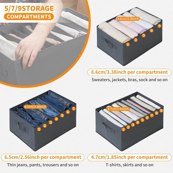 BIGLUFU 6-Piece Closet Organizer Fabric Folding Storage Box Set with 7 Compartments Drawer Organization System Storage for Clothes, T-Shirts, Pants, Underwear, Jeans
