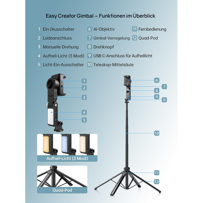 Штатив для смартфона Rollei з автоматичним відстеженням обличчя та стабілізацією відео 360° | Gimbal для TikTok Live Streaming
