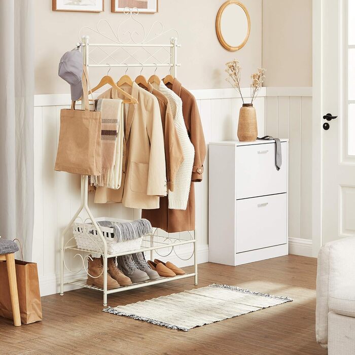 SONGMICS Vintage Style Clothes Rack Wardrobe Clothes Rail with Clothes Rod and 2 Shelves made of Metal 92 x 173 x 41 cm (W x H x D), Cream White, HSR07W