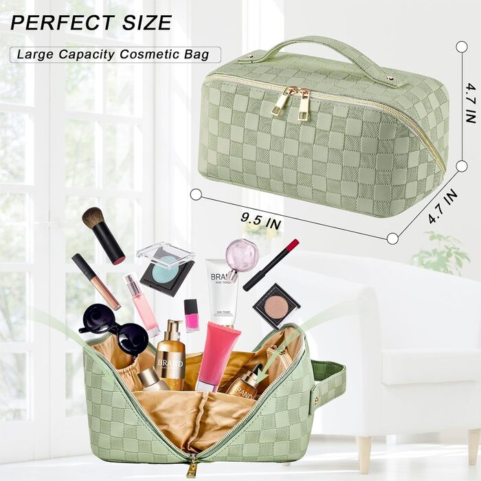 Жіноча косметичка для подорожей з великим об'ємом, водовідштовхуюча, з перегородками, органайзер (кремовий персик, світло-зелений)