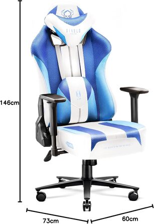 Ігрове крісло Diablo X-Player 2.0 Frost White, тканинне, ергономічне, 3D підлокітники, подушки для шиї та попереку, широка сидушка, вага до 150 кг, офісне/геймерське крісло, розмір L