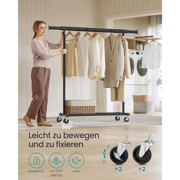 SONGMICS Clothes Rack with Wheels, Heavy-Duty Garment Rack, Extendable Clothes Rod, Load Capacity up to 100 kg, Easy Assembly, Portable, Black HSR13BKV1