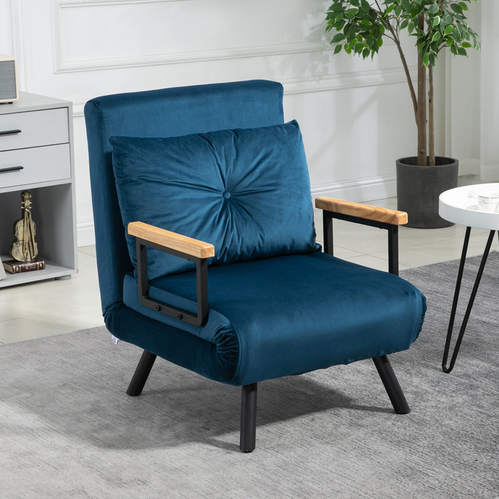 HOMCOM Sleeper Sofa Recliner Bed Function Guest Bed Velvet Backrest Cushion Adjustable Backrest Blue 63x73x81cm | Aosom