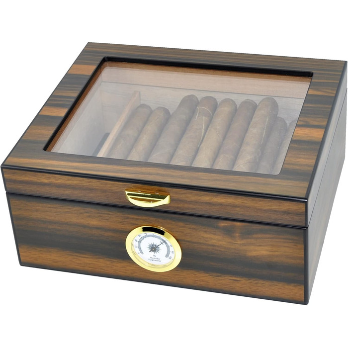 Вологозбережувач для сигар Eitida на 25-50 сигар з дисплеєм з загартованого скла, ручної роботи, з іспанського червоного кедру з перегородкою, зволожувачем та гігрометром, чорний ебоніт (Сантос Палісандр)
