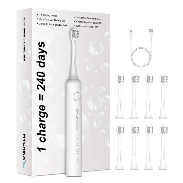 Електрична зубна щітка для дорослих з акумулятором 240 днів, 8 насадок, 3 режими, таймер 2 хв, IPX7 водонепроникна, біла