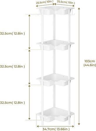 Orimade 4 Piece Shower Shelf Standing Stainless Steel, Shower Storage without Drilling, Corner Shelf with 4 Hooks, Plastic-Metal Construction 25.5 x 25.5 x 103 cm White