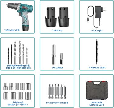 Акумуляторний шуруповерт 12V, 25 Nm, 2×2000mAh, 25+3 ступні крутного моменту, 24 шт. аксесуарів & кейс – для дому, DIY та монтажу меблів RT1028-H