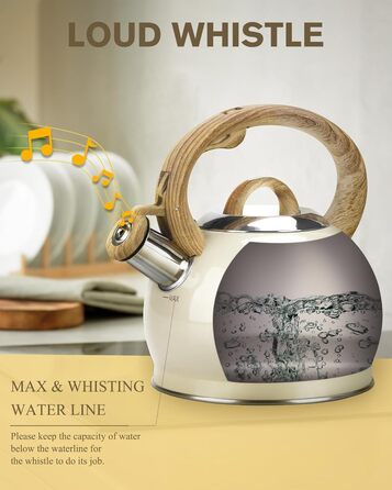 Чайник Teekessel 2.1 л з плитою, чайник з нержавіючої сталі з дерев'ястим декором, складаний ручка, для всіх типів плит (білий)