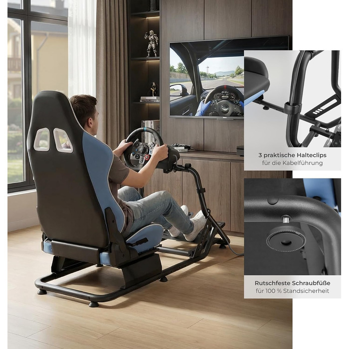 Ігровий симулятор Sim Racing Cockpit tectake® для Fanatec, Logitech, Thrustmaster, регульоване гоночне крісло GT-Style, сталевий каркас, до 120 кг (Чорний/Лазурний)