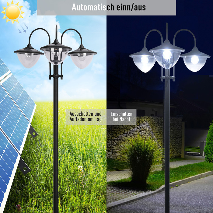 Outsunny Solar Light Garden Light 3-Head Lamp with Flower Pot Base, Waterproof, Stainless Steel, 60x55x189cm | Aosom