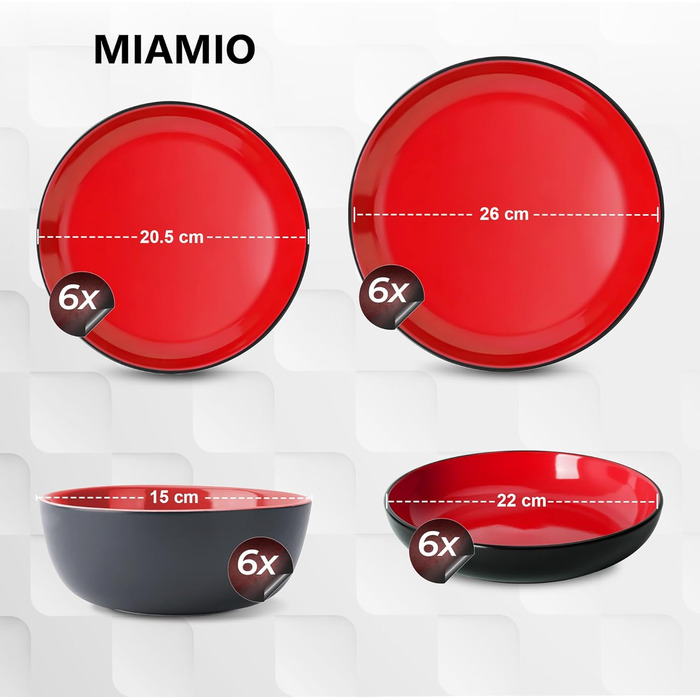 MIAMIO Набір посуду на 6 осіб / 24-тісний набір посуду з каменю, сервіз з тарілками, мисками, чашками та суповими тарілками - колекція Le Papillon (Червоний, 24 елементи)