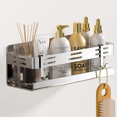 Melairy Shower Shelf No Drilling Bathroom Storage & Organization Shower Basket, Stainless Steel Bathroom Shelves with Two Hooks for Bathrooms and Kitchens