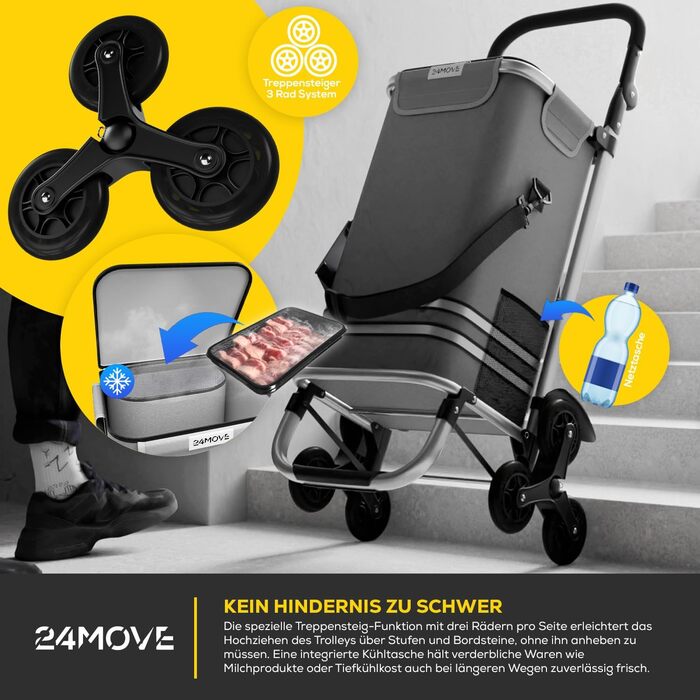 Тролей для покупок Vehlo 24MOVE®: 55л, з холодильником, 3-в-1 (сумка, візок, тачка), до 30кг, сірий