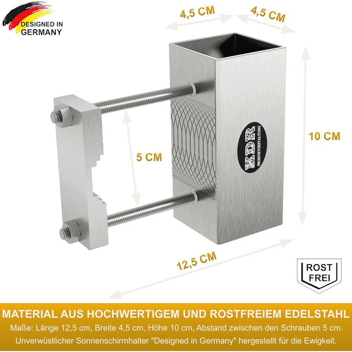 Stainless steel umbrella holder for balcony railings, round and square. Umbrella bracket suitable for umbrellas up to 270 cm. Balcony umbrella stand, stable square bracket, secure attachment to the railing.