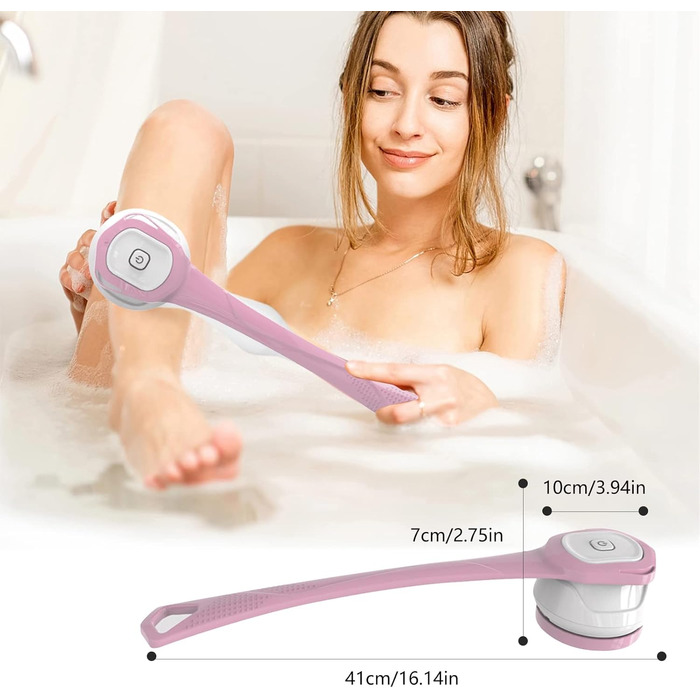 Electric Duschbürste (Shower Brush), Electric Back Brush with Long Handle, Back Brush Shower Massage Brush with 6 Cleaning Heads, Bath Brush for Spa Shower Peeling Massage Brush (Pink)