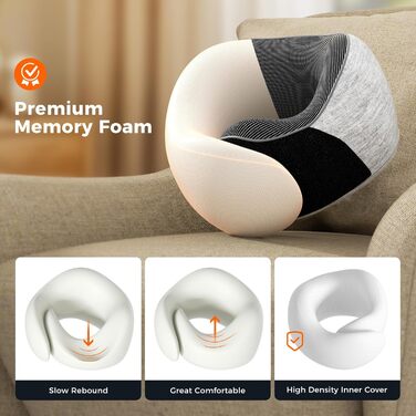 Подушка для шиї у подорожах: м'яка, з memory foam, для автомобіля та літака, з навушниками та маскою для сну (світло-сіра)