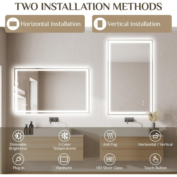 Дзеркало для ванної кімнати Clevich з підсвічуванням 70x50 см, LED, 3 кольори світла, регулювання яскравості, захисне скло, сенсорне керування, функція пам'яті, антизапар, 100x60 см