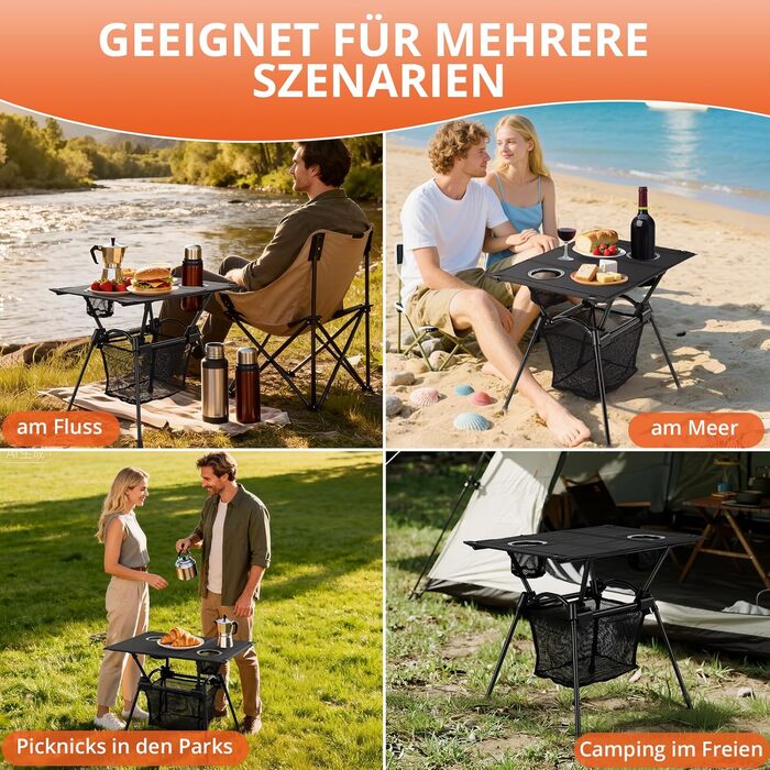 FUNYKICH Складаний туристичний стіл для кемпінгу 82 x 40 см, регулювання висоти (44/70 см), легка збірка, портативний стіл з сітчастою кишенею, алюмінієва розкладна стільниця для барбекю, кемпінгу, вечірки, саду (тканинна стільниця - 59 x 43 x 51 см)