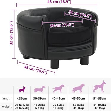 Диван для собак VidaXL, чорний, 48x48x32 см, плюш, штучна шкіра