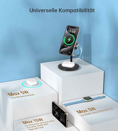 3-в-1 індукційна зарядка для декількох пристроїв, 15W MagSafe зарядка для iPhone 15/14, MagSafe зарядний пристрій для iWatch Ultra 2/1/Series 9/8, AirPods, білий/чорний