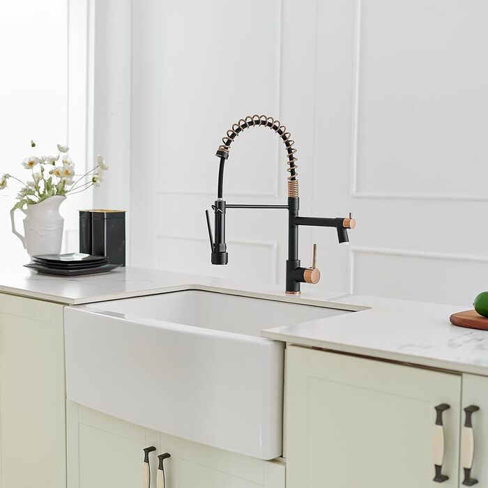 Змішувач кухонний AIMADI LED з витяжкою, поворотний 360°, чорний/рожеве золото