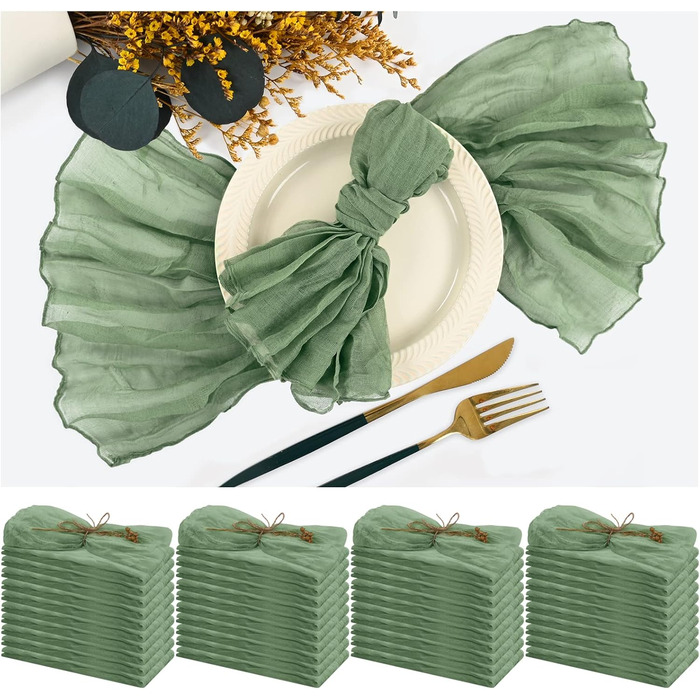 Set of 40 Gauze Cloth Napkins, Crinkled Dinner Napkins, Salvia Green, Rustic Boho Napkins, Soft Cotton, Table Napkins, Decorative Fabric Napkins for Wedding, Party