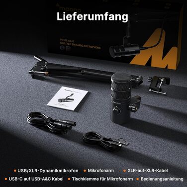 Динамічний мікрофон MAONO PD100 Gen2S USB/XLR для стрімінгу та подкастів, 192кГц/24біт, з пантографом (мікрофонною стійкою), кнопкою Mute та моніторингом
