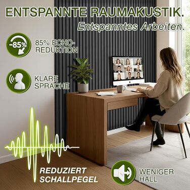 Акустичні панелі TRESKO з дерева 120×60×2,1 см (4 шт), 3D стінові ламелі для шумоізоляції, колір дуб чорний, з набором 8 гачків та монтажним комплектом