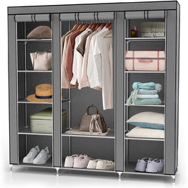 INTIRILIFE Folding Wardrobe 150x175x45 cm - with Zipper Fabric Wardrobe Closet with Clothes Rail, Compartments and Side Pocket - Camping Pop-up Storage Cabinet Textile Wardrobe (Ash Grey)