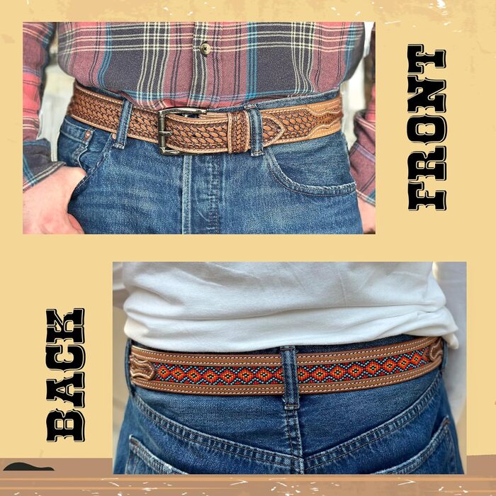 Чоловічий шкіряний ремінь Daniel's Artplanet з повного зерна, ручної роботи, з перлами, ковбойський ремінь з знімною пряжкою, 3.8 см (36 розмір, підходить на 34-й джинсовий розмір), коричневий