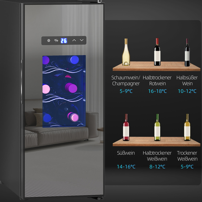 HOMCOM 12-Bottle Wine Refrigerator 30L 8-18℃ Thermoelectric Double-Layered Bottle Cooler with Glass Door, Beverage Cooler with LED Light, Small Wine Cabinet with Touch Screen Black | Aosom